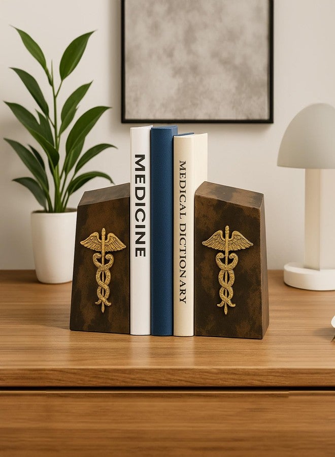Bey-Berk “Apollo” Tiger Eye Marble Caduceus Bookends (Set of 2), 4.5" x 2" x 6" Wedge Book Ends, 8 lb Brown/Gold Medical Desk Decor - Image 4