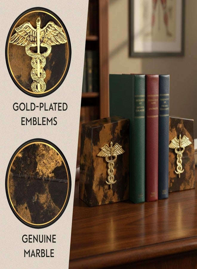 Bey-Berk “Apollo” Tiger Eye Marble Caduceus Bookends (Set of 2), 4.5" x 2" x 6" Wedge Book Ends, 8 lb Brown/Gold Medical Desk Decor - Image 3