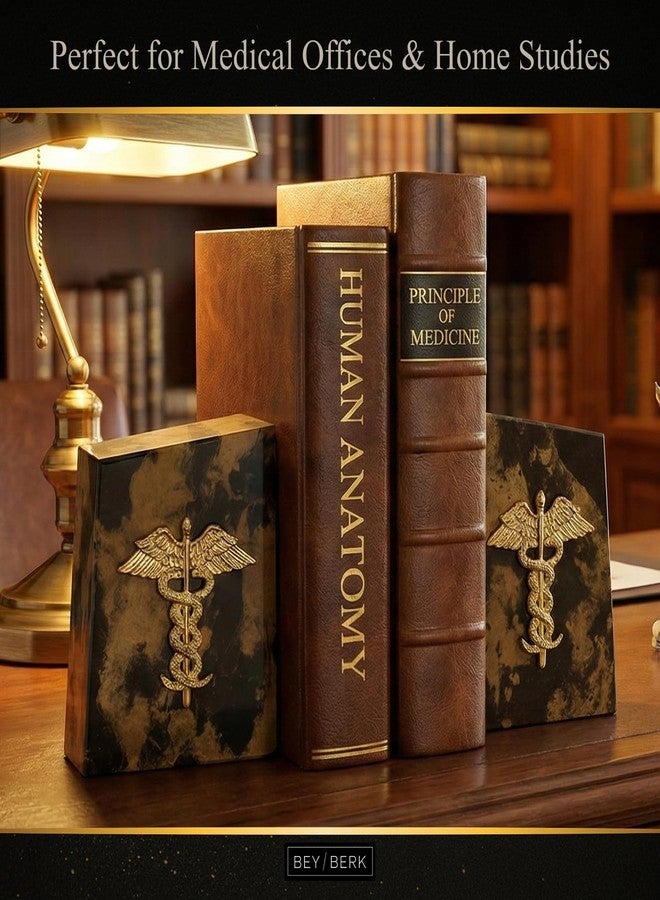 Bey-Berk “Apollo” Tiger Eye Marble Caduceus Bookends (Set of 2), 4.5" x 2" x 6" Wedge Book Ends, 8 lb Brown/Gold Medical Desk Decor - Image 5