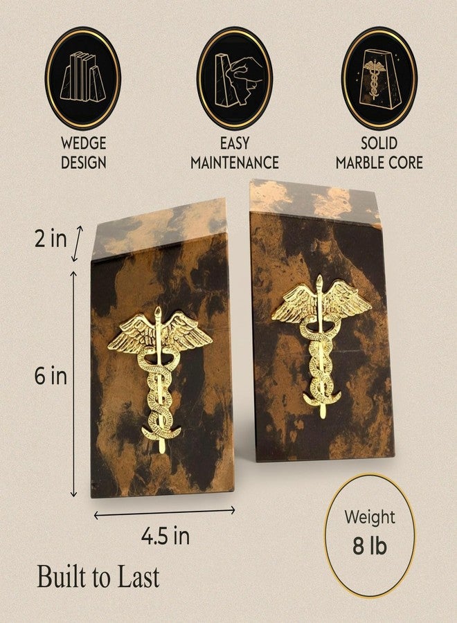 Bey-Berk “Apollo” Tiger Eye Marble Caduceus Bookends (Set of 2), 4.5" x 2" x 6" Wedge Book Ends, 8 lb Brown/Gold Medical Desk Decor - Image 2