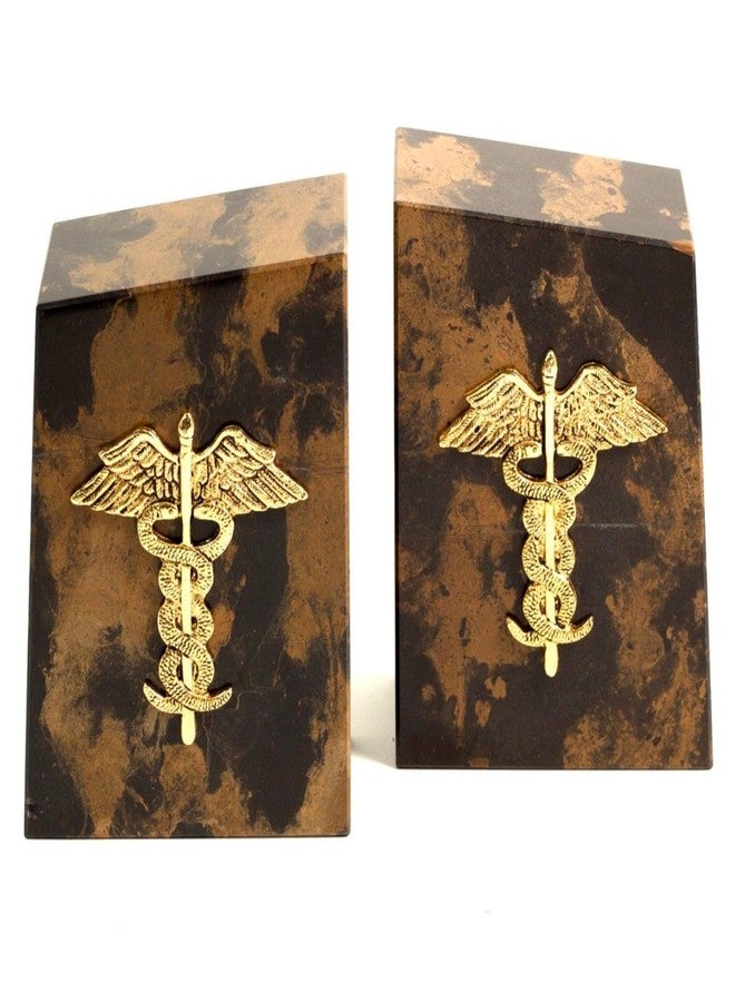Bey-Berk “Apollo” Tiger Eye Marble Caduceus Bookends (Set of 2), 4.5" x 2" x 6" Wedge Book Ends, 8 lb Brown/Gold Medical Desk Decor - Image 1