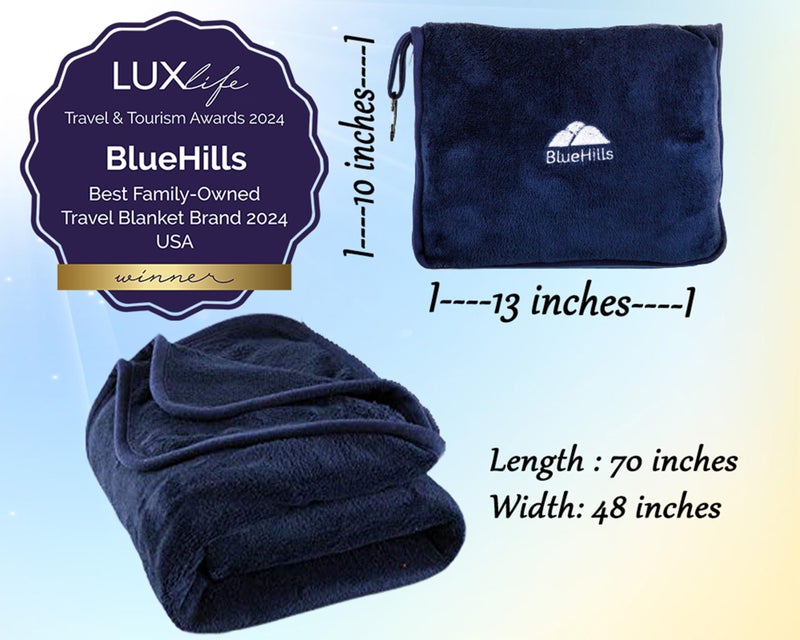 BlueHills Premium Soft Long Travel Blanket Pillow for Tall Airplane Flight Blanket Throw Luggage Belt & Backpack Clip Compact Packable Car Large 2 in 1 Combo Warm Gifts Navy Blue T051 - Image 4