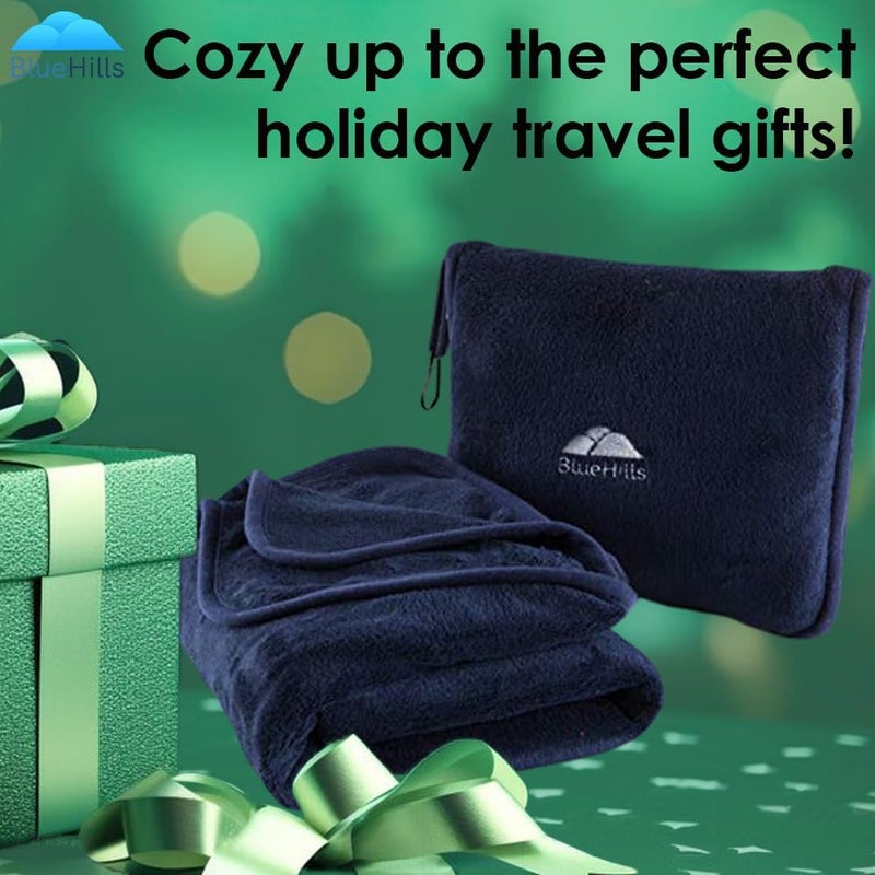 BlueHills Premium Soft Long Travel Blanket Pillow for Tall Airplane Flight Blanket Throw Luggage Belt & Backpack Clip Compact Packable Car Large 2 in 1 Combo Warm Gifts Navy Blue T051 - Image 2