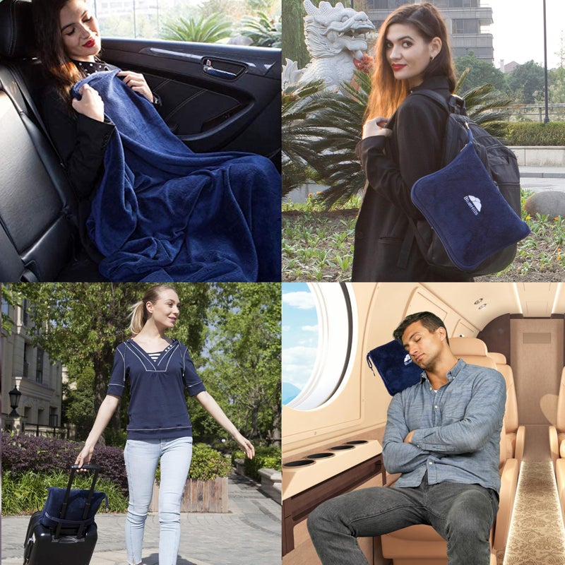 BlueHills Premium Soft Long Travel Blanket Pillow for Tall Airplane Flight Blanket Throw Luggage Belt & Backpack Clip Compact Packable Car Large 2 in 1 Combo Warm Gifts Navy Blue T051 - Image 3