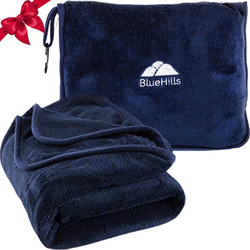 BlueHills Premium Soft Long Travel Blanket Pillow for Tall Airplane Flight Blanket Throw Luggage Belt & Backpack Clip Compact Packable Car Large 2 in 1 Combo Warm Gifts Navy Blue T051 - Image 1