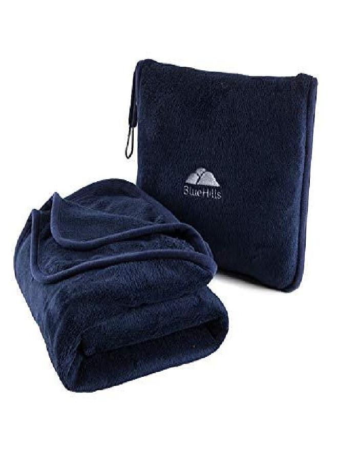 BlueHills BlueHills Premium Soft Long Travel Blanket Pillow for Tall Airplane Flight Blanket Throw in Soft Bag case with Hand Luggage Belt & Backpack Clip Compact Pack Large Blanket Navy Blue T051 - Image 1
