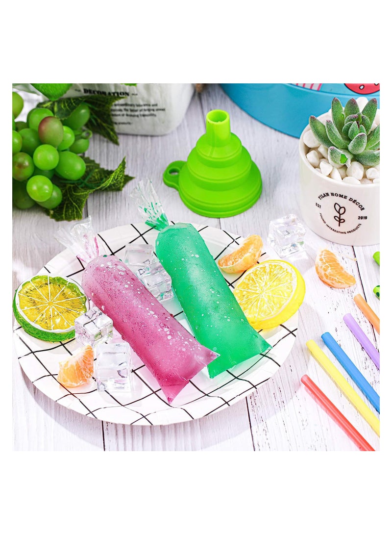 SYOSI 200 Pieces Kids Ice Lolly Bags Disposable Ice Cream Bags with Silicone Foldable Funnel, Mold Bags DIY Pouch for Making Ice Cream, Ice Candy, Yogurt, Freeze Pops(2 x 8 inch)  - Image 2