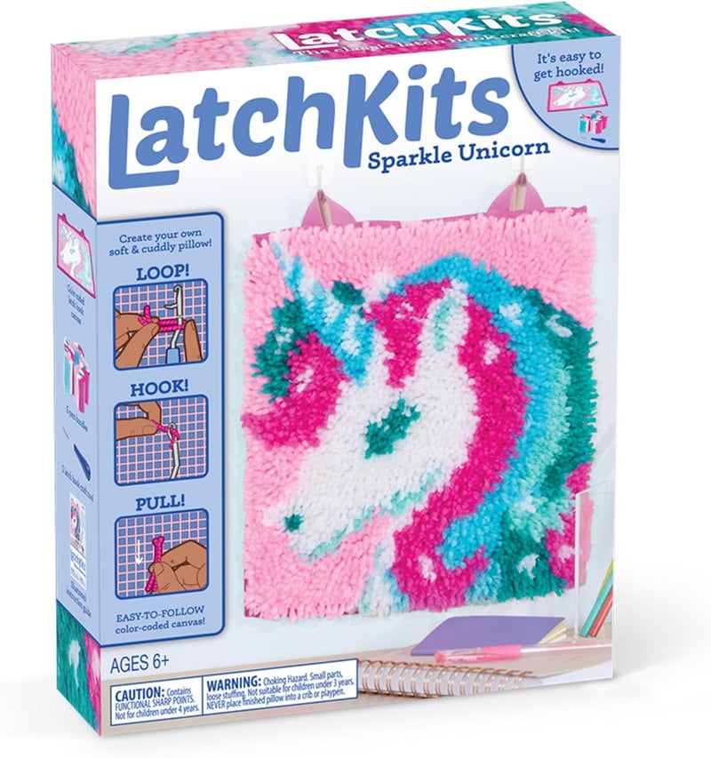 LatchKits أطقم خطاف القفل للأطفال – حرف الأطفال، الفنون والحرف، فن الخيوط، تعليق على الحائط والسجاد الصغير، مستلزمات الحرف، خيوط مقطوعة مسبقًا، نمط سهل، خطاف متضمن، فنون وحرف، للأعمار 6+، وحيد القرن - Image 1