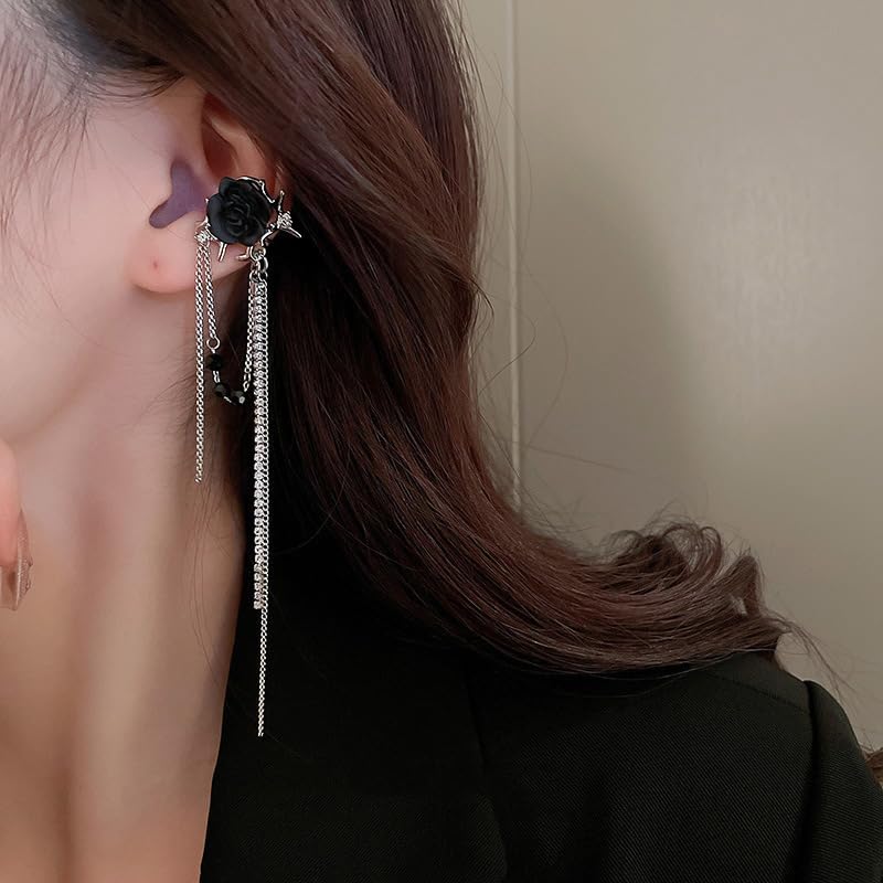 MEENAZ Earrings For Women & Girls Stylish | Western Korean Earrings Black | Flower Chain Long Silver Earrings | Danglers Crystal Drop Tribal Earrings Set for Women Anti Tarnish Accessories Aesthetic - Image 4