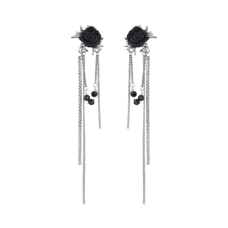 MEENAZ Earrings For Women & Girls Stylish | Western Korean Earrings Black | Flower Chain Long Silver Earrings | Danglers Crystal Drop Tribal Earrings Set for Women Anti Tarnish Accessories Aesthetic - Image 1