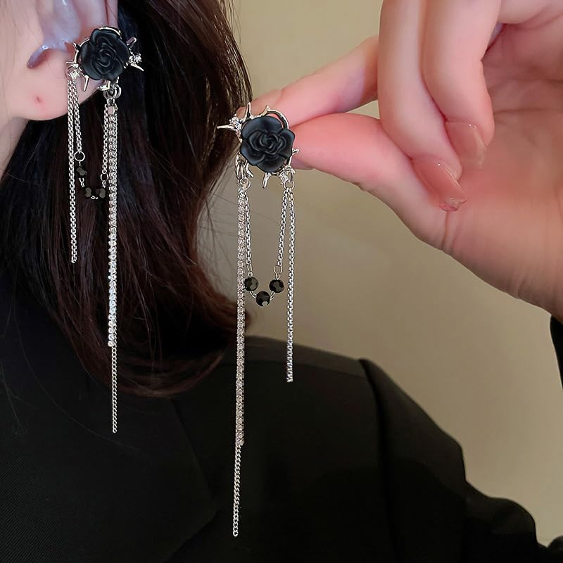 MEENAZ Earrings For Women & Girls Stylish | Western Korean Earrings Black | Flower Chain Long Silver Earrings | Danglers Crystal Drop Tribal Earrings Set for Women Anti Tarnish Accessories Aesthetic - Image 3