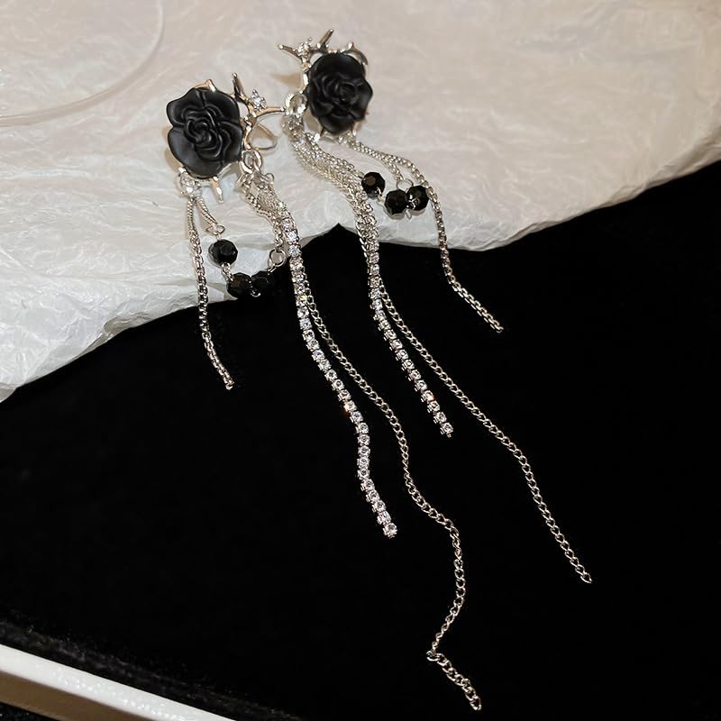 MEENAZ Earrings For Women & Girls Stylish | Western Korean Earrings Black | Flower Chain Long Silver Earrings | Danglers Crystal Drop Tribal Earrings Set for Women Anti Tarnish Accessories Aesthetic - Image 2