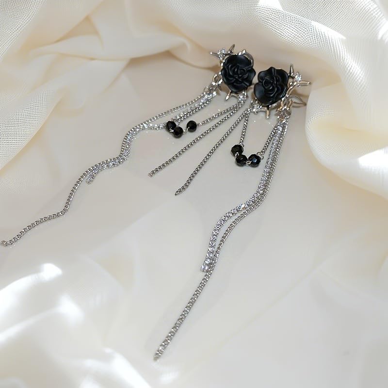 MEENAZ Earrings For Women & Girls Stylish | Western Korean Earrings Black | Flower Chain Long Silver Earrings | Danglers Crystal Drop Tribal Earrings Set for Women Anti Tarnish Accessories Aesthetic - Image 5
