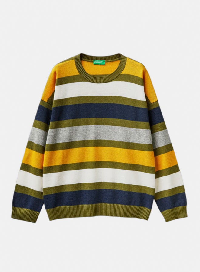 بينيتون سويتر أولاد مخطط من خليط صوف وقطن - Image 1