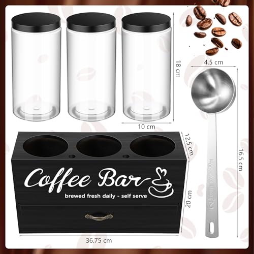 Skybooly 3 Pcs Coffee Canister Set with Shelf and Spoon Plastic Coffee Bean Storage Container with Lids Coffee Storage Box with Drawer Food Storage Jars for Coffee Bar Kitchen (Black) - Image 2