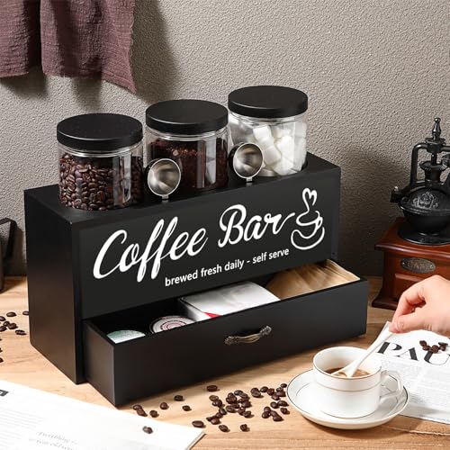 Skybooly 3 Pcs Coffee Canister Set with Shelf and Spoon Plastic Coffee Bean Storage Container with Lids Coffee Storage Box with Drawer Food Storage Jars for Coffee Bar Kitchen (Black) - Image 5