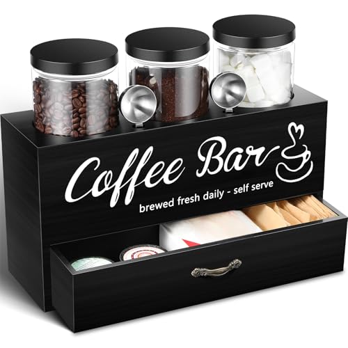 Skybooly 3 Pcs Coffee Canister Set with Shelf and Spoon Plastic Coffee Bean Storage Container with Lids Coffee Storage Box with Drawer Food Storage Jars for Coffee Bar Kitchen (Black) - Image 1