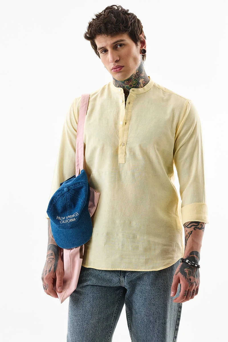 سنيتش Pastel Yellow Solid Long Sleeve Slim Fit Shirt