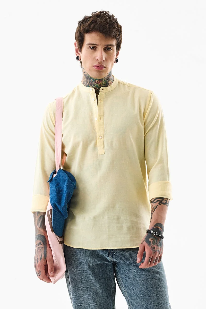 سنيتش Pastel Yellow Solid Long Sleeve Slim Fit Shirt
