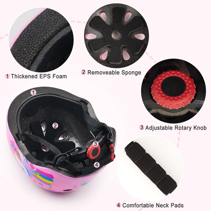 FIODAY Kids Bike Helmet, Toddler Helmet Knee and Elbow Pads Wrist Guards Adjustable Protective Gear Set with DIY Sticker for Girls 3-5-8 Years for Skateboard Inline Skating Scooter - Image 4