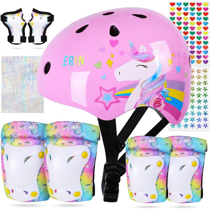 FIODAY Kids Bike Helmet, Toddler Helmet Knee and Elbow Pads Wrist Guards Adjustable Protective Gear Set with DIY Sticker for Girls 3-5-8 Years for Skateboard Inline Skating Scooter - Image 1