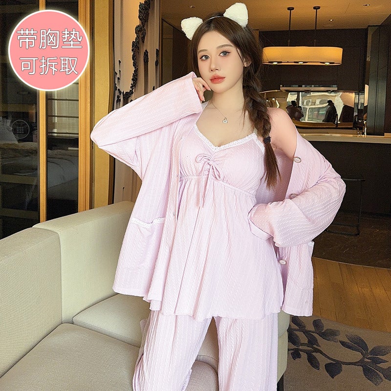 Long-Sleeved Trousers Sling With Chest Pad Three-Piece Set 6535 Cotton Plus Fertilizer Loose Outer Wear Home Clothes - Image 5