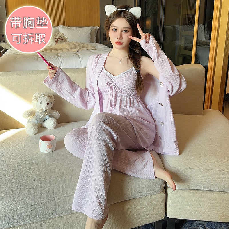 Long-Sleeved Trousers Sling With Chest Pad Three-Piece Set 6535 Cotton Plus Fertilizer Loose Outer Wear Home Clothes - Image 4