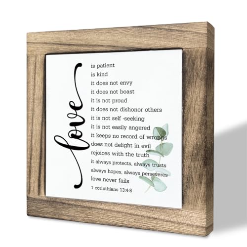 Gkwa Bible Verse Corinthians 13:4-8 Box Sign, Love Never Fails, Wooden Plaque Gift Tabletop, Rustic Love Sign, Wood Block Plaque for Anniversary, Religious Home Decor, Gift for Couple, Wedding Gift - Image 1