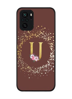 Rugged Black edge case for Xiaomi Poco M5s Slim fit Soft Case Flexible Rubber Edges Anti Drop TPU Gel Thin Cover - Custom Monogram Initial Letter Floral Pattern Alphabet - U (Brown )