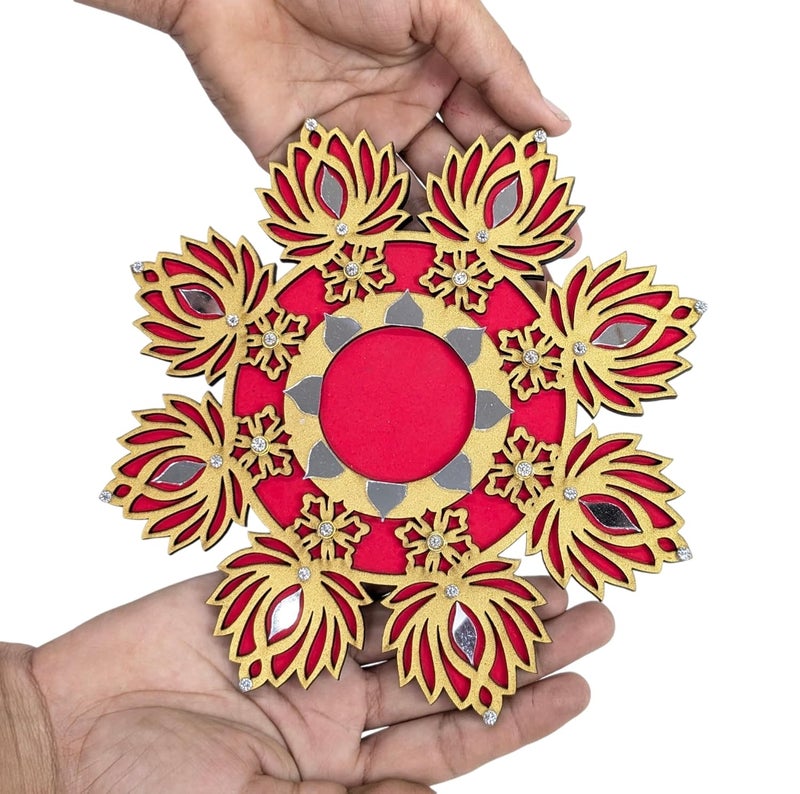 StepsToDo StepsToDo Hand Painted Wooden Lotus Tealight Candle Holder with Elegant Mirror-Decorated, Reusable Festival Decor Plate | Beautiful | Eco-Friendly Home Accent for Diwali, Weddings, Special Occasions  - Image 2