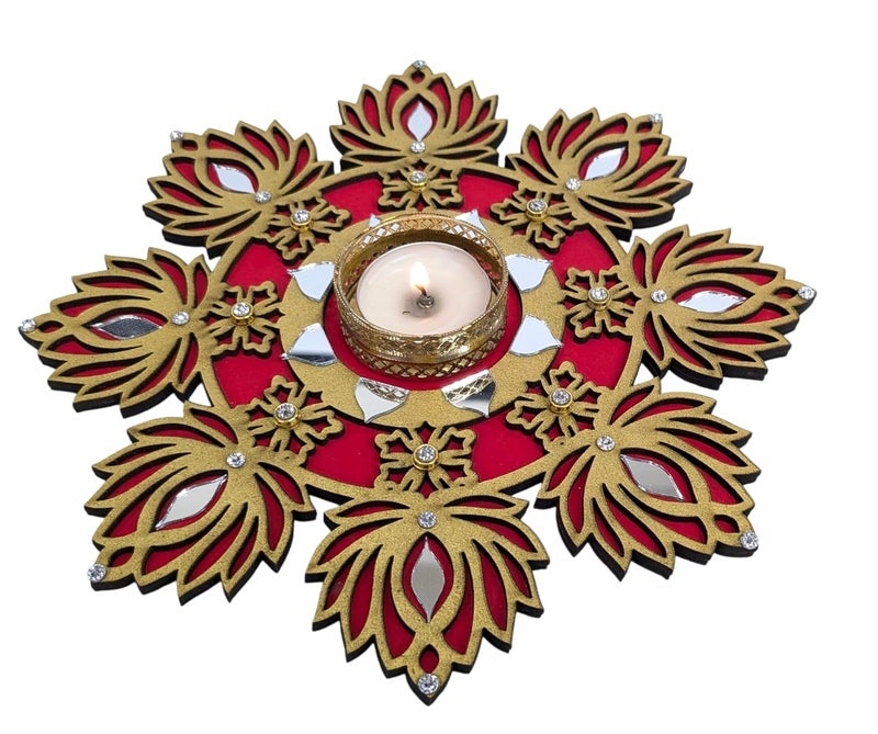 StepsToDo StepsToDo Hand Painted Wooden Lotus Tealight Candle Holder with Elegant Mirror-Decorated, Reusable Festival Decor Plate | Beautiful | Eco-Friendly Home Accent for Diwali, Weddings, Special Occasions  - Image 4