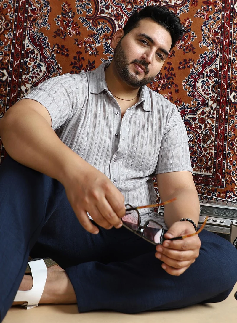 Men's Cloud Grey Ridge Knit Shirt For Casual Wear | Spread Collar | Short Regular Sleeves | Button Closure | Plus Size Shirt Crafted With Comfort Fit For Everyday Wear