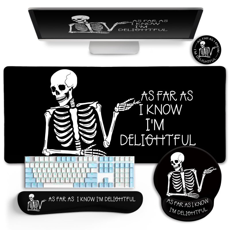 LIMKRIAN Desk Mat Desk Pad, Large Gaming Mouse Pad with Wrist Rest Wrist Support, Ergonomic Mouse Pad Keyboard Mat Wrist Rest, Cup Coaster, Home Office Desk Accessories Decor Supplies, Funny Skeleton - Image 1