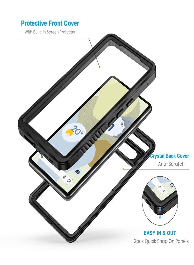جراب Lanhiem لهاتف Pixel 7، جراب مقاوم للماء والغبار بمعيار IP68 مع واقي شاشة مدمج، غطاء هاتف متين مقاوم للصدمات لكامل الجسم لهاتف Google Pixel 7، أسود/شفاف - Image 3