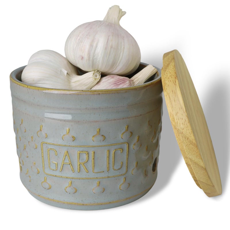 GDCZ Garlic Keeper with Lid, Ceramic Garlic Holder Storage Container to Keep Your Garlic Cloves Fresh Longer, 4.3 Inch (Grey) - Image 1