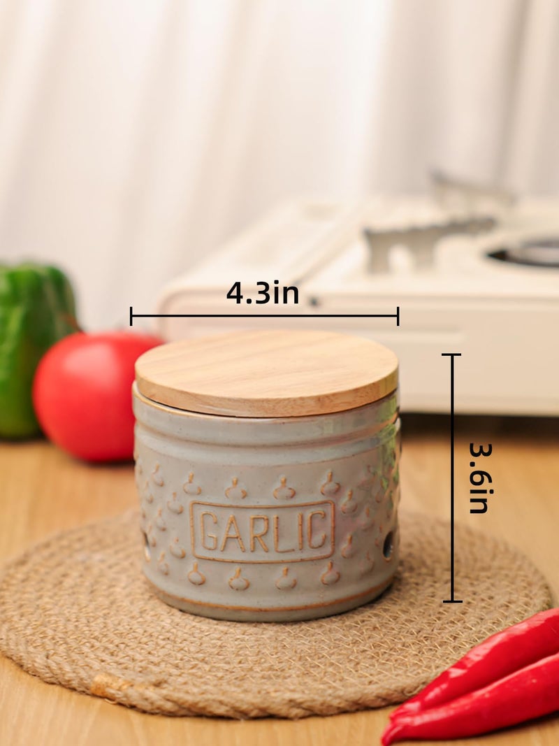 GDCZ Garlic Keeper with Lid, Ceramic Garlic Holder Storage Container to Keep Your Garlic Cloves Fresh Longer, 4.3 Inch (Grey) - Image 2