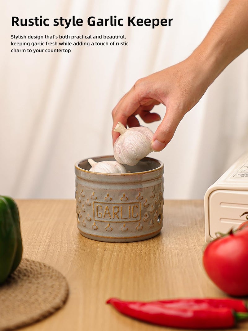 GDCZ Garlic Keeper with Lid, Ceramic Garlic Holder Storage Container to Keep Your Garlic Cloves Fresh Longer, 4.3 Inch (Grey) - Image 5