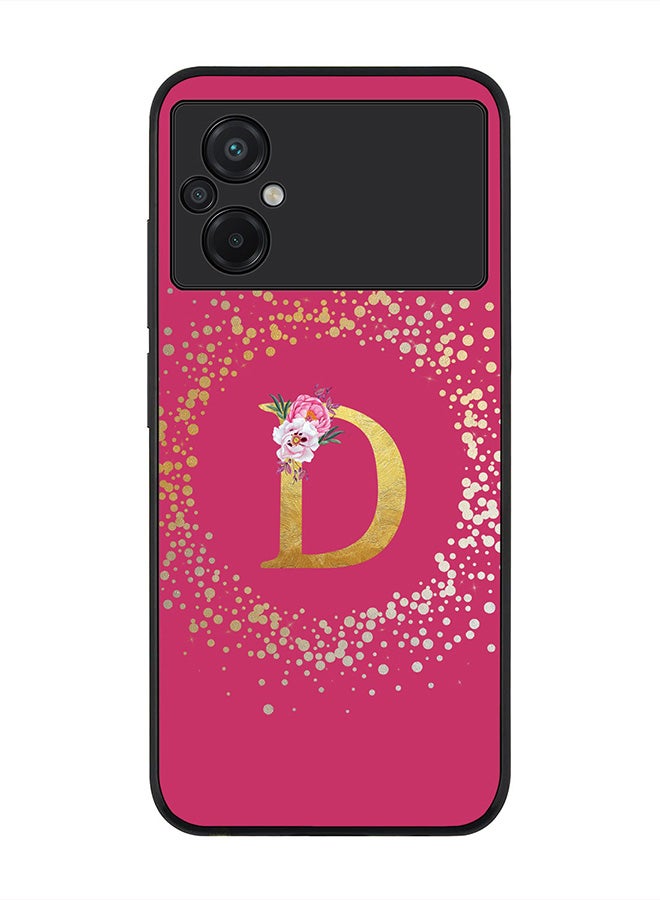 Stylizedd Rugged Black edge case for Xiaomi Poco M5, Slim fit Rubber Edges Thin Cover -  Custom Monogram Initial Letter Floral Pattern Alphabet - D  (Dark Pink Rose ) - Image 1