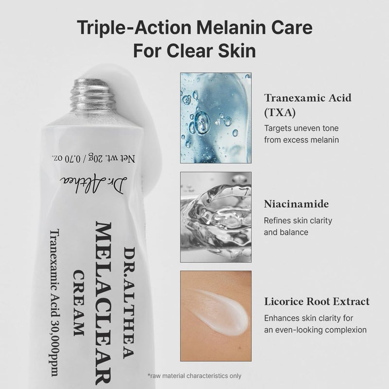 Dr.althea Melaclear Cream – Korean Vegan Brightening Cream with TXA & Alpha-Arbutin, Targets Dark Spots & Uneven Skin Tone, Fragrance-Free, 20ml - Image 3