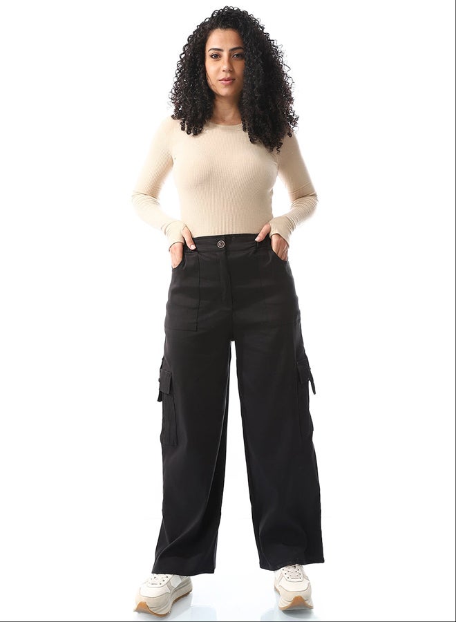 Andora Wide Leg Black Multi-Closure Cargo Pants_Black - Image 1