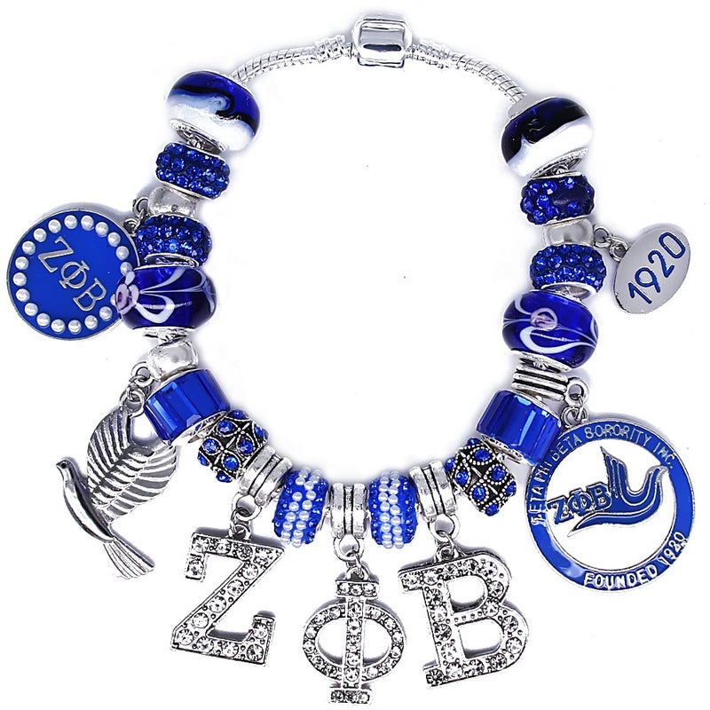 muiot Delicate ZETA sorority society Rhinestone Pendant Blue big hole Glass Bead Bracelet bangle - Image 1
