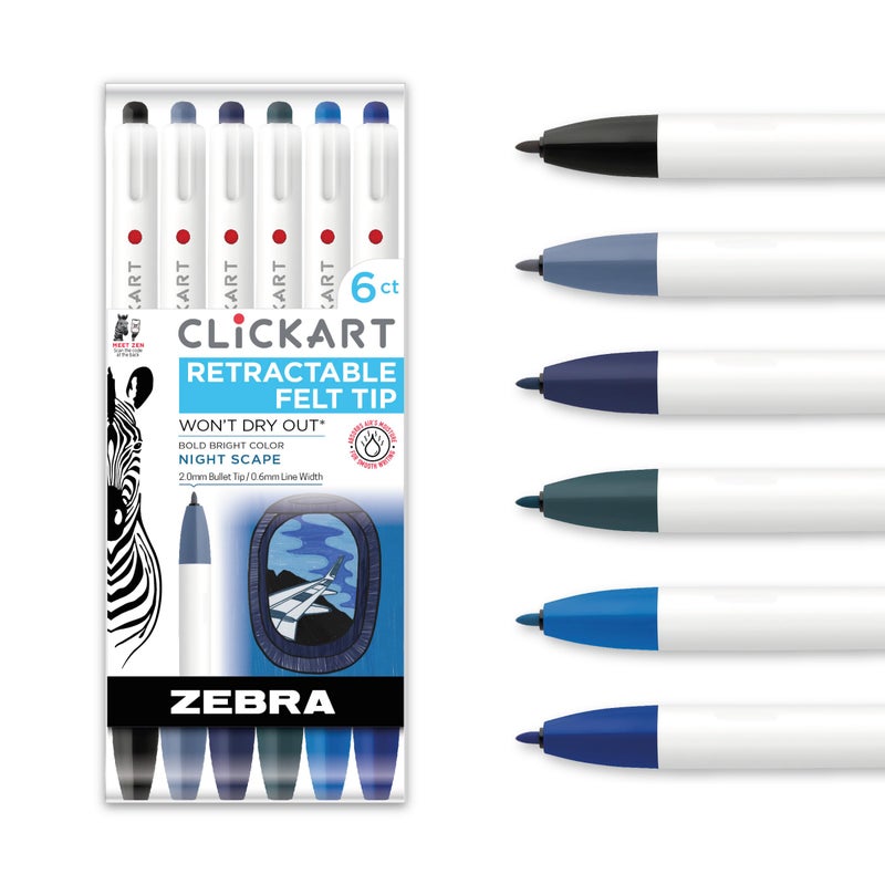 Zebra Pen CLiCKART Retractable Felt Tip Pen Assorted Ink Nightscape Colors 06mm Fine Point Moisture Absorbing to Prevent Drying Out No Bleed Ideal for Journaling and Drawing 6Pack 69116 - Image 3