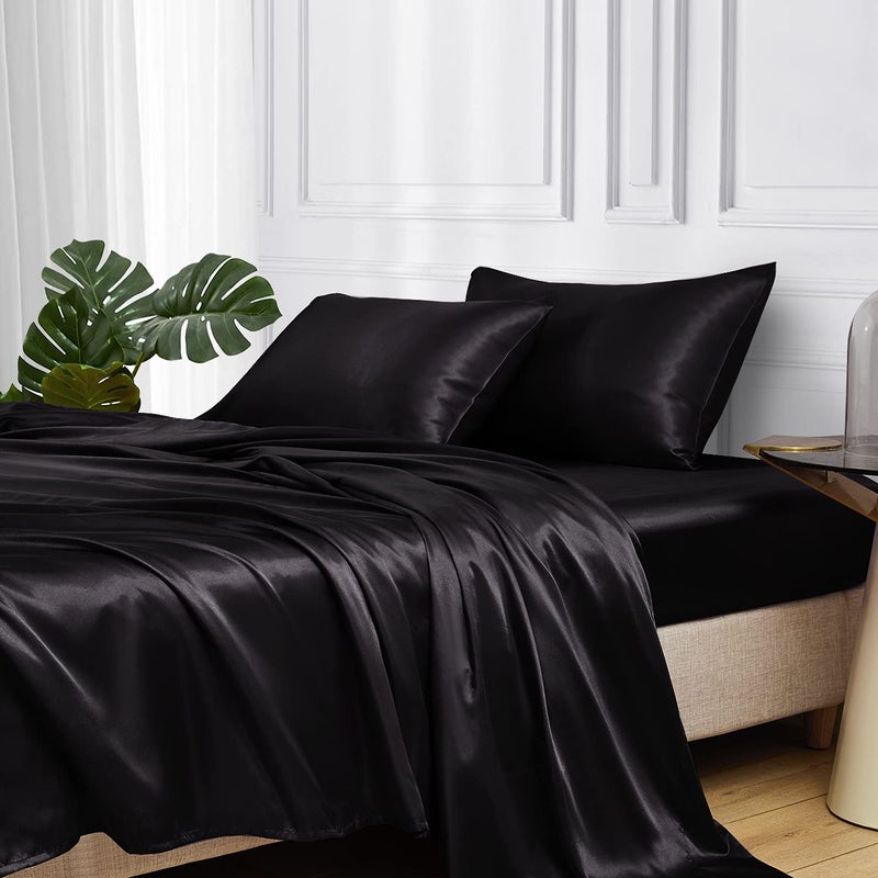 MRHM Satin Bed Sheets Twin Size Sheets Set 3 Pcs Silky Bedding Set with 15 Inches Deep Pocket for Mattress Twin Black