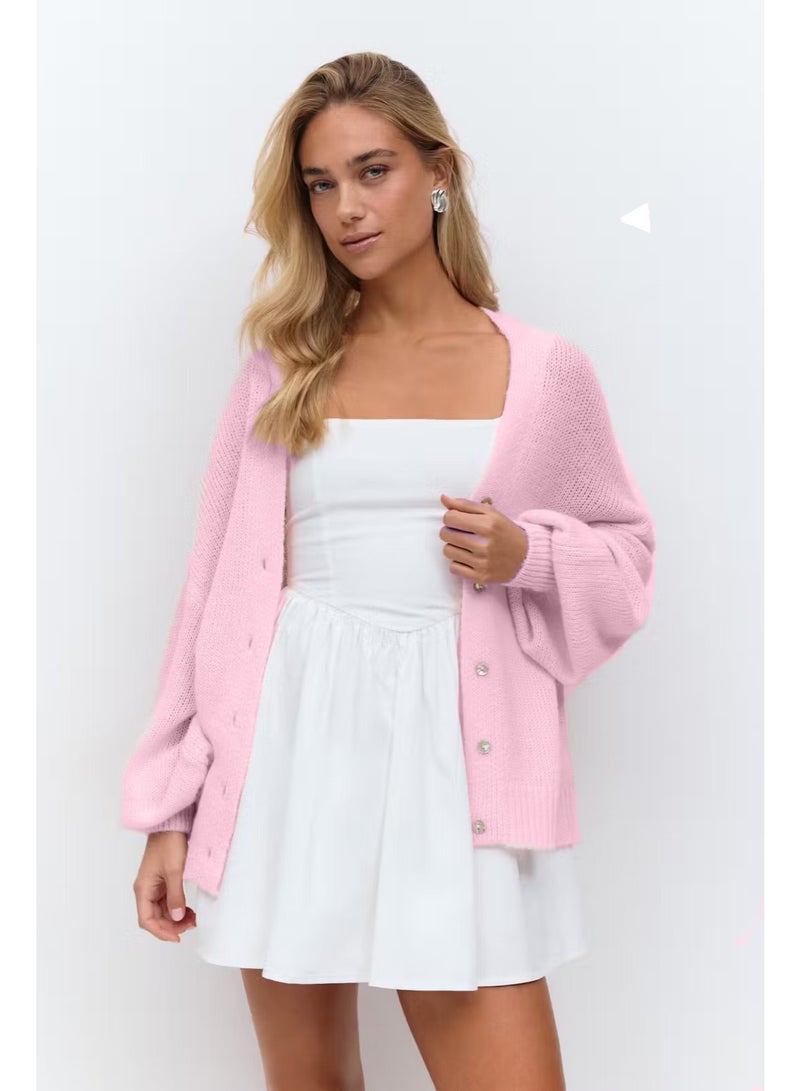 NIBEMINENT Lightweight Simple Cardigan Women V Neck Hollow Out Button Lantern Sleeve Knitted Coats  Autumn Temperament Fashion Sweaters - Image 2