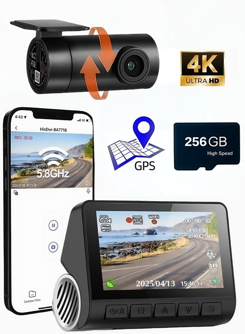 Dash Cam Front and Rear, 4KFull HD Dash Cam, Free 256GB Card, Built-in Wi-Fi GPS, 3-inch IPS Screen, Night Vision, 170° Wide Angle, WDR, 24-hour Parking - Image 1