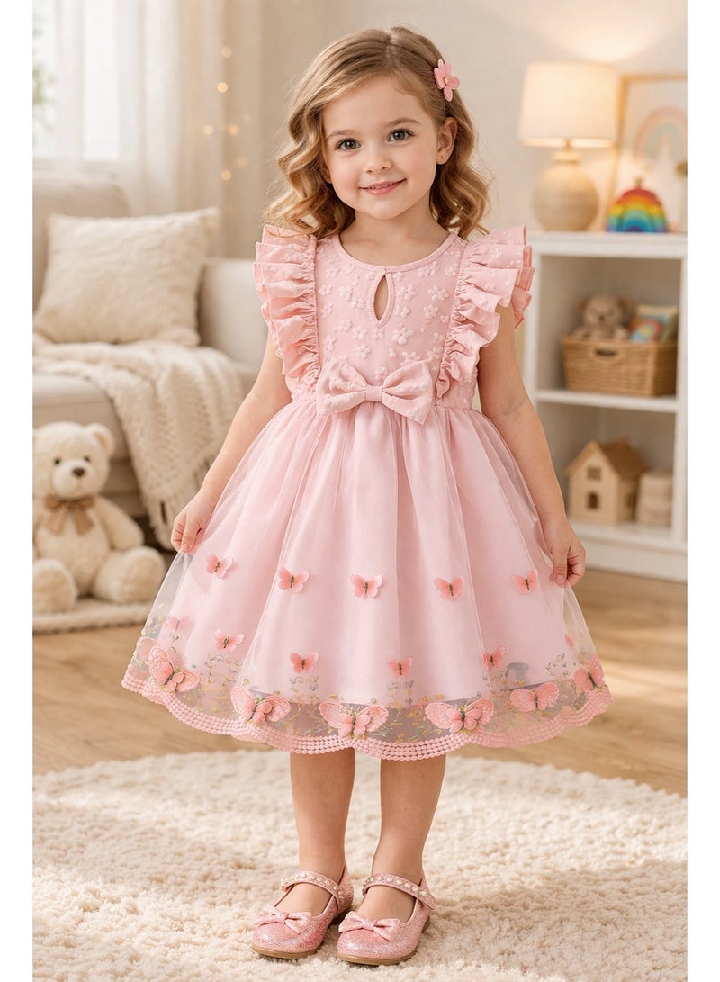 Smarties AE Girls Butterfly Tulle Dress for 4-6 Years | Floral Embroidered Party Dress with Bow | Elegant Princess Birthday Dress | Kids Wedding & Occasion Dress - Image 1