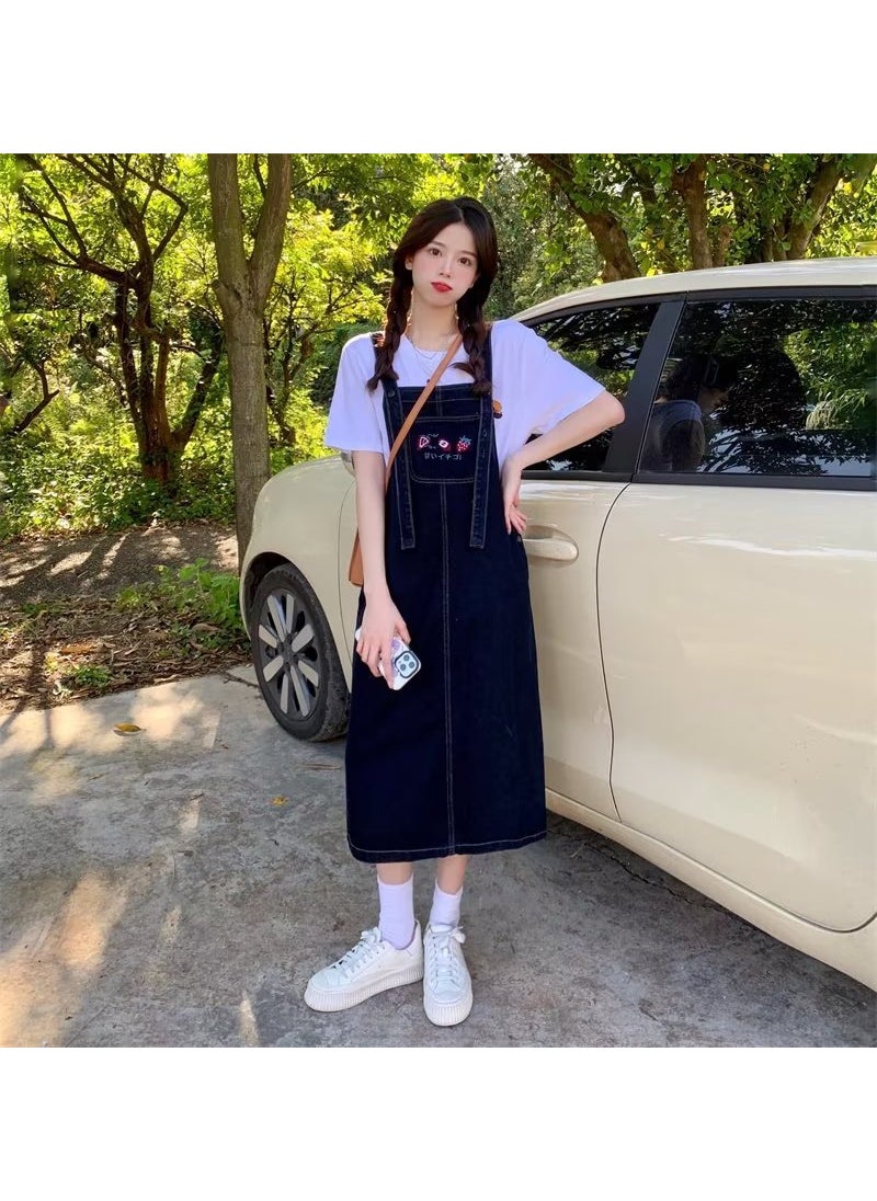 Generic - Summer 2023 Korean Denim Pinafore Dress Loose Midi Student Blue Gray - Image 1