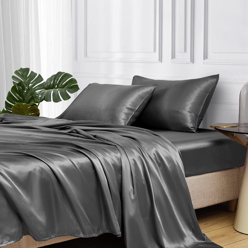 MR&HM MRHM Satin Bed Sheets Twin Size Sheets Set 3 Pcs Silky Bedding Set with 15 Inches Deep Pocket for Mattress Twin Dark Grey