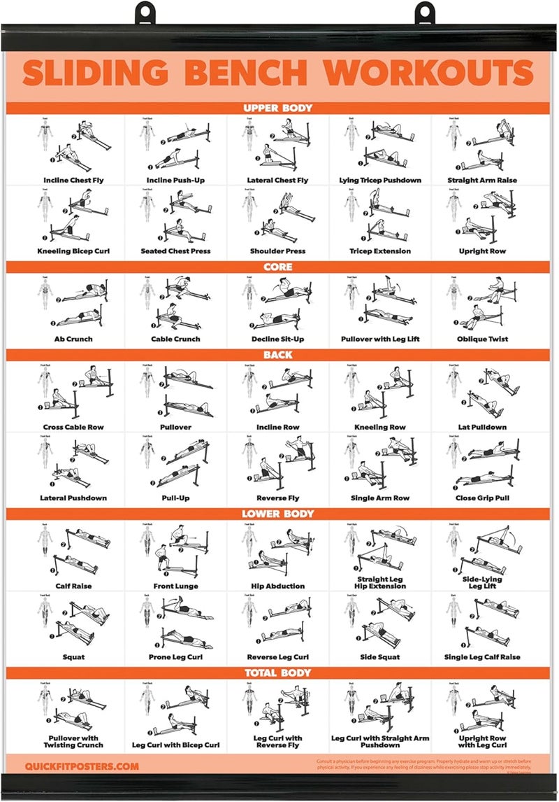 Palace Learning Sliding Bench Workout Poster - Compatible with Total Gym, Weider Ultimate Body Works - Incline Bench Exercise Chart [LIGHT] (LAMINATED WITH PLASTIC FRAME, 18” x 24”) - Image 1
