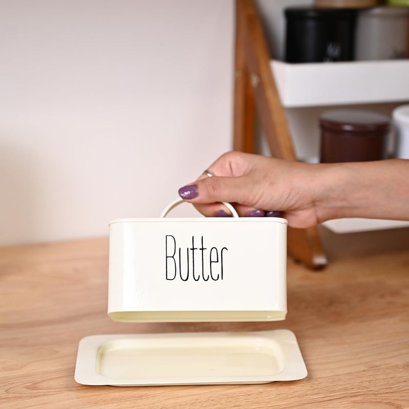 Market99 Rectangular Metal Butter Dish Box with Lid Glossy Off White Butter Storage Dish Butter Container Butter Holder Butter Tray Airtight Container